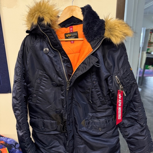 Alpha Industries Navy and Orange Winter Coat with Hood - Size Medium - Picture 1 of 3